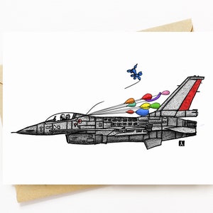 BellavanceInk: Kartka urodzinowa z myśliwcem F16 Fighting Falcon i balonami urodzinowymi Ilustracja akwarelowa piórem i tuszem 5 x 7 cali