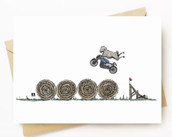 BellavanceInk: Pen & Ink/Watercolor With Stunt Sheep Jumping Hay Bales On Their Cafe Racer Motorcycle 5 x 7 Greeting Card