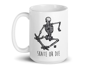 BellavanceInk: Coffee Mug With Pen & Ink Drawing Of Skeleton Skate Boarding (Optional Text) Skate Or Die
