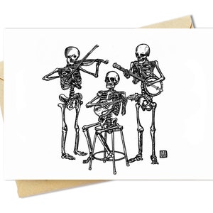 BellavanceInk: Pen And Ink Sketch Of Skeletons Jamming On Their Old Time Instruments 5 x 7 Inches Greeting Card