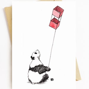 BellavanceInk: Grußkarte mit Pen & Tinte Zeichnung eines Pandabärs, der eine rote Box Drachen fliegt 15 x 18 cm