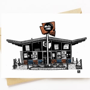 BellavanceInk: wenskaart met een pen - inkttekening van Mel's Diner in Charlottesville langs West Main St 5 x 7 inch