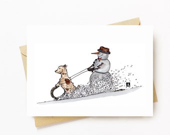 BellavanceInk: Tarjeta de Navidad con muñeco de nieve y poco en un bolígrafo de trineo y tinta Ilustración de acuarela 5 x 7 pulgadas
