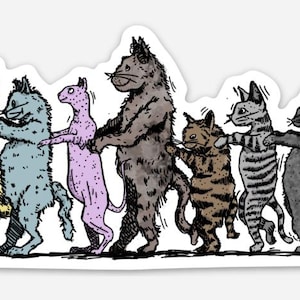 May include: A sticker featuring a line of cartoon cats holding paws. The cats are in various colors, including white, black, yellow, blue, and gray. One cat wears a party hat. The illustration has a hand-drawn style.