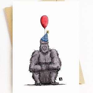 BellavanceInk: Birthday Card With Grumpy Gorilla With Birthday Balloon Pen & Ink Watercolor Illustration 5 x 7 Inches