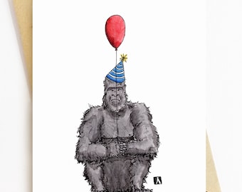 BellavanceInk: 誕生日風船を持った不機嫌なゴリラの誕生日カード ペンとインクの水彩イラスト 5 x 7 インチ