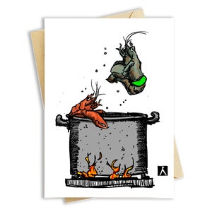 May include: A humorous illustration of two lobsters, one jumping out of a pot on a stove with flames underneath, while the other is in the pot. The lobster jumping out of the pot is wearing a green bathing suit.