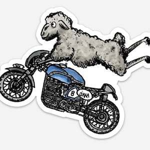 BellavanceInk: Sheep On A Cafe Racer Motorcycle Vinyl Sticker Illustration