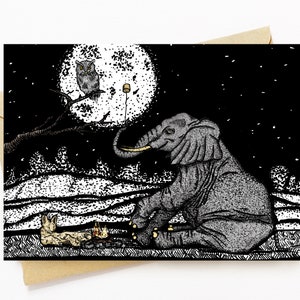 BellavanceInk: Tarjeta de felicitación con elefante, búho y gato sentados junto a una pluma de fuego de campamento y tinta Ilustración de acuarela 5 x 7 pulgadas
