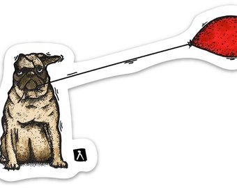 BellavanceInk: Pen And Ink Watercolor of Pug Dog Holding Onto A Red Balloon In The Wind Vinyl Sticker Illustration