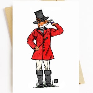 BellavanceInk: cartão comemorativo com caneta e tinta ilustração em aquarela de uma raposa vestida como um caçador de raposas 5 x 7 polegadas
