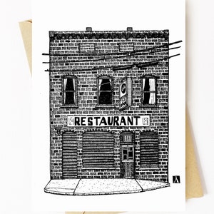 BellavanceInk: Grußkarte mit Tuschezeichnung von C And O Restaurant in Charlottesville 15 x 18 cm