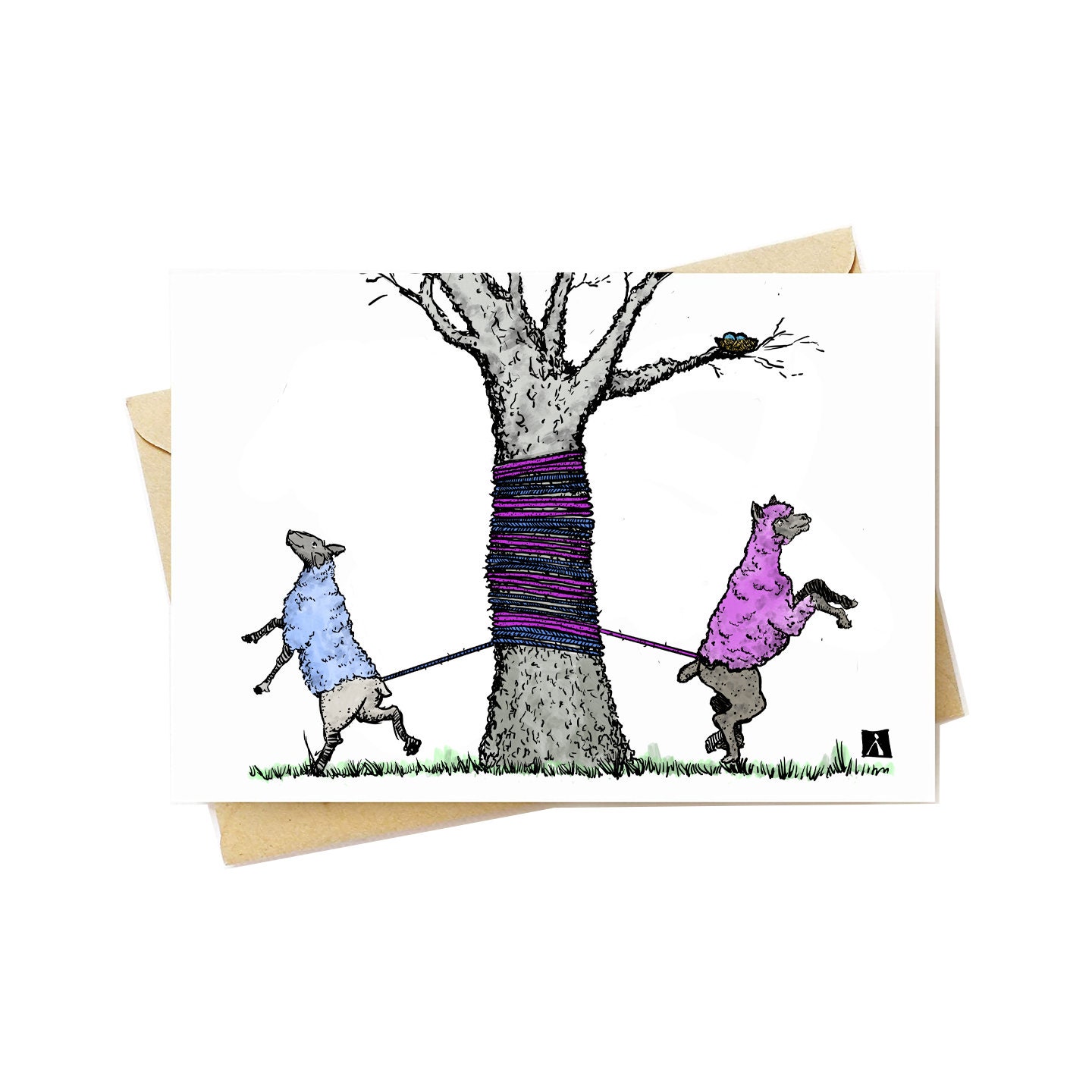BellavanceInk: Greeting Card With A Watercolor Pen & Ink Drawing Of A Sheep And Alpaca Making A Tree Yarn Bomb 5 x 7 Inches