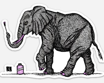 May include: A black and white illustration of an elephant holding a matchstick. The elephant is walking towards a bottle of nail polish labeled "NAILS" and a black and white symbol.