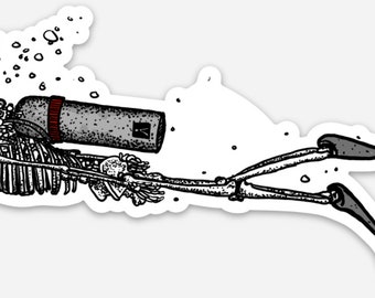 May include: A black and white illustration of a skeleton scuba diving with a scuba tank, flippers, and a snorkel. The skeleton is wearing a diving mask and has bubbles coming out of its mouth.