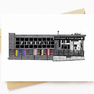 BellavanceInk: wenskaart met pen en inkttekening van gameroom en restaurant Fire Fly