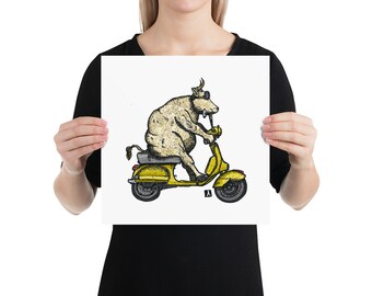 BellavanceInk: Pen & Ink/Watercolor Cow Riding A Vintage Scooter Limited Print