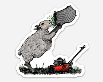 BellavanceInk: Pen & Ink Illustration of Sheep Devouring Grass From Their Lawn Mower Clippings Bag