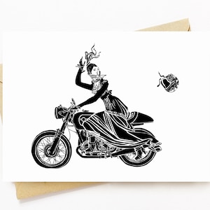 BellavanceInk: Carte de vœux avec une dame victorienne perdant son casque sur sa moto Cafe Racer 5 x 7 pouces