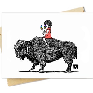BellavanceInk: Greeting Card With Pen & Ink Drawing of Girl On Her Buffao 5 x 7 Inches