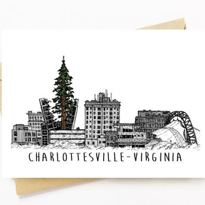 BellavanceInk: Tarjeta de felicitación con un dibujo a pluma y tinta del árbol de secuoyas que crece fuera del hotel abandonado 5 x 7 pulgadas