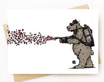 BellavanceInk: Valentines Day Card With A Bear Using A Flame Thrower To Share His Valentines Pen & Ink Illustration 5 x 7 Inches