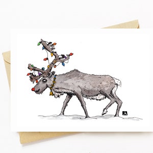 BellavanceInk: Kerstkaart met Rudolph De Rode Neus Rendier En Zijn Kerstverlichting Pen &Inkt Aquarel Illustratie 5 x 7 Inch