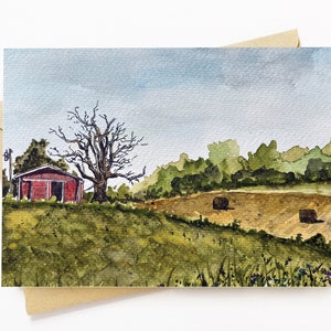 BellavanceInk: Wenskaart met aquarel van landbouwveld in Crozet Virginia met de Blue Ridge Mountains 5 x 7 inch