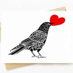 BellavanceInk: Valentine Card With Crow Holding A Heart 5 x 7 Inches
