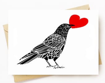 BellavanceInk: Valentine Card With Crow Holding A Heart 5 x 7 Inches