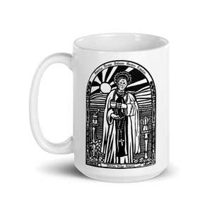 BellavanceInk: Coffee Mug With The Patron Saint Of Coffee Brewers & Makers Saint Drogo Wood Cut Style Graphic
