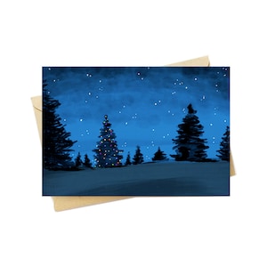 BellavanceInk : Carte de Noël avec un arbre de Noël solitaire dans une forêt de minuit 5 x 7 pouces