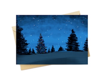 BellavanceInk: Christmas Card With Lone Christmas Tree In A Midnight Forest 5 x 7 Inches