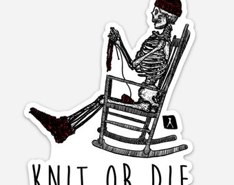 BellavanceInk: Skeleton In A Rocking Chair Knit Or Die Vinyl Sticker Illustration