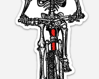May include: Black and white sticker of a skeleton riding a mountain bike. The skeleton wears a red helmet and the bike has red accents. The illustration is a fun, spooky design for cyclists.