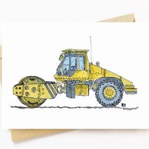 May include: A yellow and blue hand-drawn illustration of a large, industrial roller. The roller has a large, round drum in the front and a smaller, round drum in the back. The roller is on a white background.