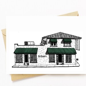 BellavanceInk: wenskaart met een pen - inkttekening van Fellini's Restaurant in het centrum van Charlottesville Virginia 5 x 7 inch