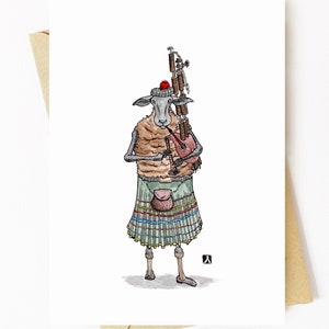 BellavanceInk: Tarjeta de felicitación con ovejas escocesas de las tierras altas tocando la gaita Pluma y tinta Ilustración de acuarela 5 x 7 pulgadas