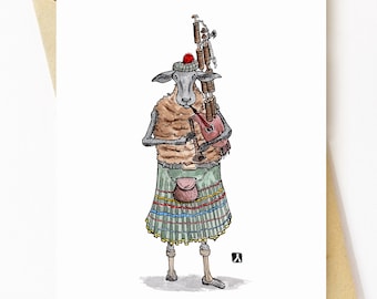 BellavanceInk: Greeting Card With Scottish Highland Sheep Playing the Bagpipes Pen & Ink Watercolor Illustration 5 x 7 Inches