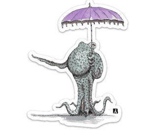 BellavanceInk: Octopus With Parasol/Umbrella Vinyl Sticker Pen and Ink Illustration