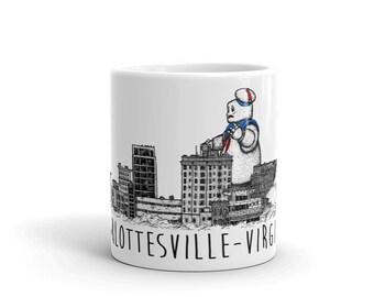 BellavanceInk: Coffee Mug With Pen & Ink Watercolor Sketch Of Giant Marshmallow Monster Attacking The Landmark Hotel In Charlottesville