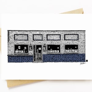 BellavanceInk: cartão comemorativo com desenho de caneta e tinta do restaurante Blue Moon em Charlottesville ao longo da West Main St 5 x 7 polegadas
