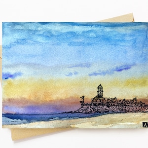 BellavanceInk: wenskaart met aquarel van een uitzicht op het strand op Cerritos Surf Town Beach in Baja Mexico 5 x 7 inch