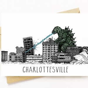 BellavanceInk: Tarjeta de felicitación con un dibujo a pluma y tinta de un gran monstruo atacando el hotel abandonado de 5 x 7 pulgadas
