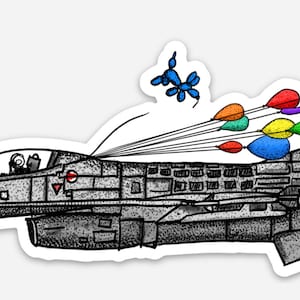 BellavanceInk: Pen & Ink Watercolor Illustration Of A F-16 Fighting Falcon Fighter Jet With Balloons Vinyl Sticker
