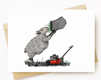 BellavanceInk: Greeting Card With A Pen & Ink Drawing With Watercolor of a Hungry Sheep Mowing The Lawn 5 x 7 Inches