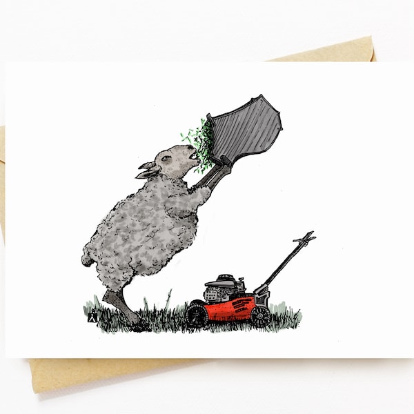BellavanceInk: Greeting Card With A Pen & Ink Drawing With Watercolor of a Hungry Sheep Mowing The Lawn 5 x 7 Inches