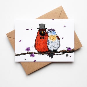 BellavanceInk : carte de félicitations pour mariage avec cardinal et oiseau bleu 5 x 7 pouces
