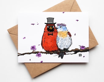 BellavanceInk: Wedding Congratulations Card With Cardinal And Blue Bird 5 x 7 Inches