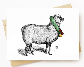 BellavanceInk: Christmas Card With A Proud Christmas Sheep With Holiday Wreath Pen & Ink Watercolor Illustration 5 x 7 Inches